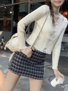 Korean Style Short Knitted Base Shirt for Women Early Autumn New Chic Sweet And Spicy Lace Trim Purple Color Bottom Shirt