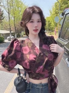 GUZILIAN | Korean Style Retro Bubble Sleeve Silk V-Neck Print Pure Desire Short Sleeve Shirt Trendy Open Cardigan With Butterfly Knot