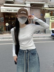 Korean Style round Neck Long Sleeve Pure Cotton T-Shirt Womens Basic Slim Fit Base Layer Shirt Trendy Inner Wear Top