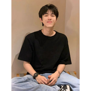 เสื้อยืดแขนสั้นผ้าฝ้ายแท้สีขาวสําหรับชายหนุ่มและหญิงสาวหลวมพอดีสไตล์ฤดูร้อนสวมใส่สบายๆทุกวัน