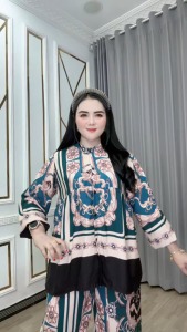 Setelan Hinuka – Pakaian Wanita Katun Rayon Busui Atasan Flowy Sanghai Pendek Celana Komprang Adem untuk Tampil Rapi Sehari-hari