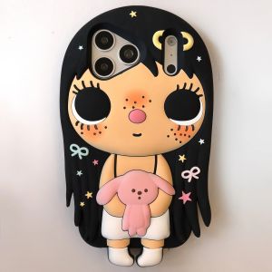 EOENKK | Cute 3D Cartoon Girl Soft Silicone Phone Case For iPhone 12 13 14 15 16 17 Pro Max Plus 17 Pro 17e Shockproof Cover with Lanyard