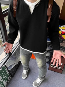 เสื้อยืดคอกลมแขนยาวสีดำ Cleanfit สำหรับผู้ชาย ชุดสองชิ้น แฟชั่นฤดูใบไม้ร่วง สไตล์อเมริกัน ชุดชั้นในเสื้อสเวตเตอร์