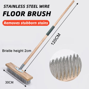 30cm Stainless Steel Wire Floor Scrub Brush with Long Wood Handle Stiff Bristle Brush Iron Brush for Garage Patio Garden Moss Cleaning