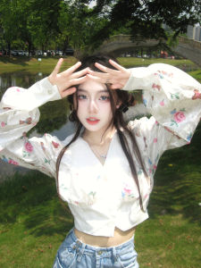 Slimming French Style Womens Short Shirt Jacket Long Sleeve Navy Collar Floral Print Versatile Korean Version Outerwear