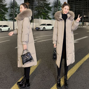 Knee-Length Fashionable White Duck down Jacket Womens Winter Thickened Stylish Slimming Coat Real Fur Collar Commute Style