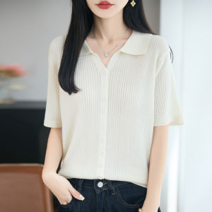 YUEXINYIRONG | Ladies Polo Collar Tencel Short Sleeve Knitted Cardigan Summer