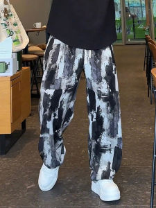 กางเกงลำลองชายผ้าไหมน้ำแข็งฤดูร้อน กางเกงขายาวทรงหลวม กางเกงขายาวลำลองแบบแห้งเร็ว ทรงหลวม สไตล์มินิมอล เอวกลาง