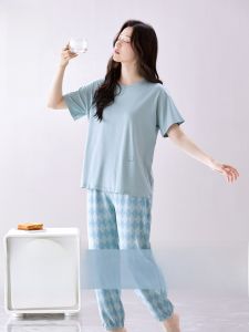 MiiOW | Bộ đồ ngủ Modal MiiOW dành cho nữ mùa hè 2025 Áo ngủ cotton mỏng thoáng khí thoải mái dài tay cổ tròn quần dài