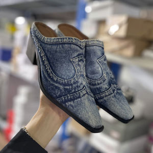 DIANCHA | Trendy Womens Denim Slide Sandals Closed Toe Mid Heel