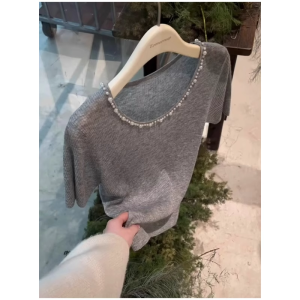Chic Knitted Ice Silk Short Sleeve T-Shirt Grey Heavy Beading Womens Summer Fashion Unique Comfortable Korean Style Loose Fit