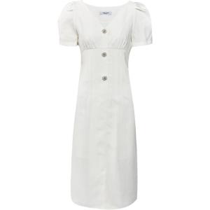 TAMMY TANGS | Elegant French Style Womens Dress Sugar Power White Summer Short Sleeve Diamond Buckle Waist Cinched Midi Dress City Walk