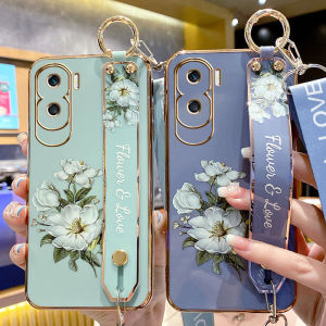 เคสโทรศัพท์ซิลิโคนป้องกันการตกหล่นสำหรับ Huawei Honor X50i พร้อมสายรัดข้อมือ แบบครอบเต็ม ดีไซน์ทันสมัยสำหรับผู้หญิง