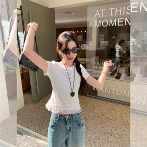 Zeng Xiao Salt White Lace Splice Short Sleeve Womens T-shirt Spring Ballet Style Pure Desire Shoulder Fit Slim Base Shirt