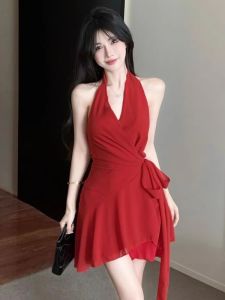 GUZILIAN | Elegant V-neck Backless Womens Dress Neck Hanging Waist Slimming Irregular Short Skirt Korean Style Commute Casual Summer