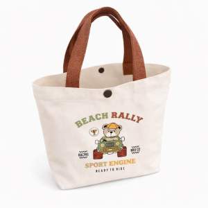 Cute Bear Canvas Tote Bag | Light Beige Mini Tote | Snap Button Handbag | Daily Carry Lunch Bag