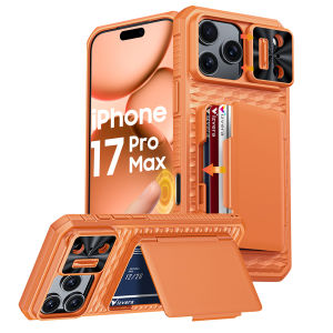 With Card Holder Sliding Camera Cover And Stand For iPhone 17 Pro/17 Pro Max Phone Case Anti-Fall PC+TPU Wallet Case-Orange