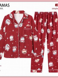 Pure Cotton Chiikawa Sleepwear Set for Women Spring Autumn Style Home Clothes Red Color Cartoon Print Long Sleeve Nightgown