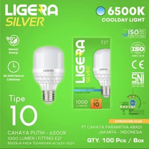 LIGERA SILVER 10W Lampu LED Bulb cahaya putih 6500K super terang E27