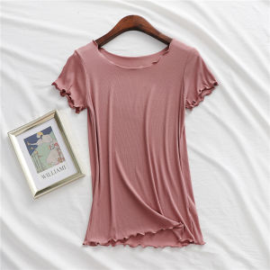 Slim Fit Short Sleeve Modal T-Shirt Women Summer Thin Pure Color round Neck Base Shirt Korean Style Commute Wood Grain Edge