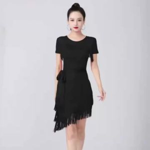 Women Short Sleeve Fringed Latin Dance Dress High Slit Slim Fit Adult Professional Practice Performance Ballroom Costume