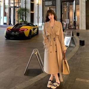 เสื้อแจ็คเก็ตทรงหลวมยาวปานกลางสีกรมท่าสำหรับผู้หญิง ฤดูใบไม้ผลิ 2025 ทรงหลวม ทรงสลิม เสื้อคลุมกันหนาวสีดำ