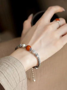 Retro 925 Silver Wheat Ear Bent Copper Coin Bracelet Womens Ethnic Style Vintage Feel Versatile High-End Sensation Hand Chain