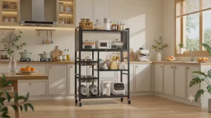 Kitchen Organizer Storage Rack Vegetable Basket With Wheel Dustproof Storage Cabinet Door Microwave Oven Rack