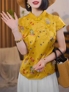 Shalldoer | เสื้อเชิ้ตคอตั้งลายดอกไม้สไตล์จีนใหม่สำหรับผู้หญิงในช่วงฤดูร้อนปี 2025 เสื้อเชิ้ตแขนสั้นทรงตรงพิมพ์ลายดอกไม้สวยงามและโดดเด่น