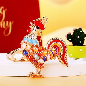 Creative Metal Car Keychain Rooster Zodiac Female Handbag Pendant Trendy Keychain Circle Business Small Gift Keyring
