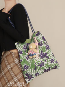 Lightweight Commuter Canvas Tote Bag Floral Print Soft Structure Korean Style Youth Fashion Casual Shoulder Bag for Daily Use