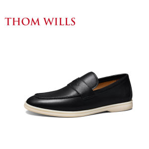 ThomWills Mens Soft Bottom Genuine Leather Casual Loafers Bean Bean Shoes Summer Fashion Single Shoes round Toe Flat Heel