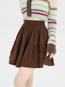 Corduroy High Waist Elastic Waist Slimming A-Line Mini Skirt Coffee Color Womens Autumn Winter New Style Commute Korean Version
