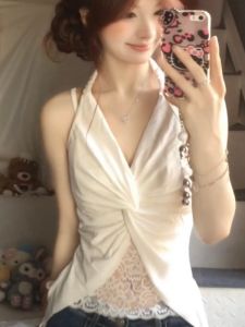 Áo Vest Không Tay Cổ Treo Ren Pure Desire Dành Cho Nữ Mùa Đông Ngoài Trời Một Mảnh Không Có Đệm Ngực Hở Lưng Không Tay Áo Nhỏ