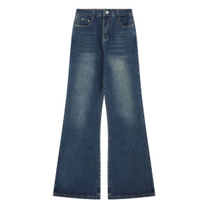 Retro Washed Blue Denim Jeans High Waist Womens Straight Leg Pants Slimming Capri Lengthened Jeans Spring Commute Style