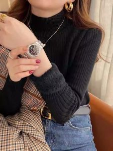 เสื้อสเวตเตอร์คอปกสูงแบบหนาสำหรับผู้หญิงในฤดูหนาว เสื้อชั้นในแบบสวมหัว ทรงสลิมฟิต แขนยาว ปกติ ปกติ ฤดูใบไม้ร่วง 2024