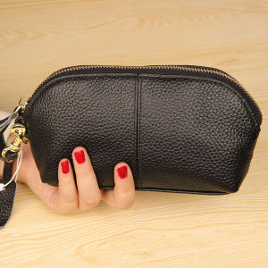 Womens Soft Top Layer Cowhide Leather Clutch Bag Mobile Phone Bag Shell Shaped Handbag Fashionable Compact Purse Handbag