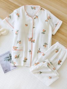 Pure ผ้าฝ้าย มัสลินสองชั้น ชุดนอน ผู้หญิง มีแผ่นรองหน้าอกครึ่งแขนเจ็ดนิ้ว กางเกง Homeผ้าย่นเต็ม ผ้าฝ้าย เปิด คาร์ดิเกน แขนสั้นกลาง กางเกง