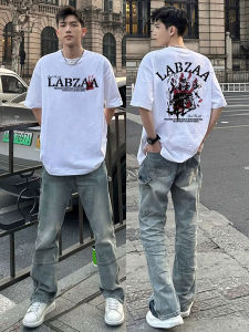 เสื้อยืดแขนสั้นผ้าฝ้ายแท้สีขาว ทรงหลวม แฟชั่นฤดูร้อน เสื้อยืดลำลองสไตล์อเมริกัน สำหรับผู้ชาย เสื้อยืดคอตตอน