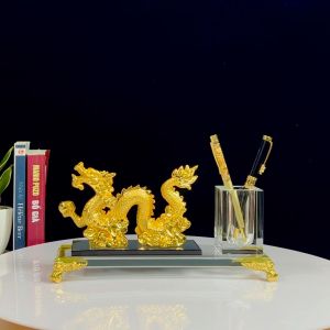 Hộp Đựng Bút Doanh Nhân Rồng Nhả Ngọc Chất Liệu Đồng Mạ Vàng và Pha Lê K9 Quà Lưu Niệm Hộp Bút Để bàn