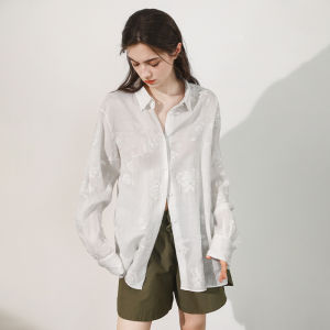 Miccbeirn | เสื้อเชิ้ตแขนยาวผ้าลินินสีพื้นทรงหลวมสบายๆ สำหรับใส่ไปทำงาน ปักลูกปัดสุดหรูหรา เสื้อเชิ้ตผู้หญิงสไตล์ลำลอง