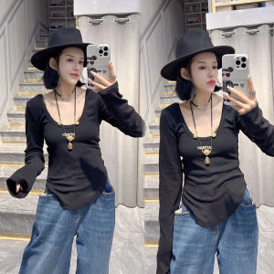 เสื้อตัวในเข้ารูปดูผอมเพรียวคอ U แนวเกาหลีสำหรับต้นฤดูใบไม้ร่วงไซส์ใหญ่พิเศษสำหรับสาวอวบ mm2-300กก. เสื้อยืดแขนยาวปักลายแฟชั่นสำหรับผู้หญิง