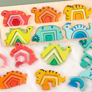 Kids Early Education Puzzle Toys -Wooden Dinosaur Color Shape Matching Training for Kids Over 3 Years Old Hand-Eye Coordination