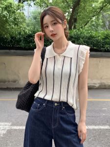 AIYITI | Striped Polo Collar Sleeveless Summer Thin French Style Womens Top