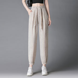 Ice Silk Cotton Linen Harem Pants Womens Thin New Summer High Waist Loose Slim Casual Trousers Elastic Waist Nine Points