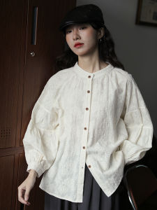 Retro Commuter Loose Fit Long Sleeve round Neck Lace Shirt Womens Early Spring Design Sense Top Shirt Lantern Sleeve Button Detail
