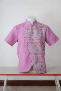 เสื้อทำงานชายคอจีน สีชมพู ผ้าฝ้ายทอลาย อัดกาวทั้งชุด