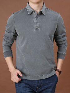 Spring and Autumn Thick Polo Shirt Mens Business Casual T-shirt Loose Washed-out Cotton Lapel Long Sleeve T-shirt Mens Fashion