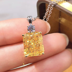 Huitan Gorgeous Yellow Square Cubic Zirconia Pendent Necklace Women Delicate Engagement Neck Necklace Gift Ladys Trendy Jewelry