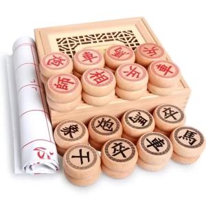 High-end Wooden Chinese Chess Large Pieces - Xiangqi Family Travel Board Game Set With PU Leather Checkerboard For 2 Players